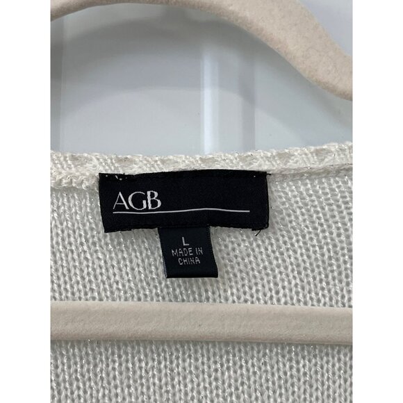 AGB Sweater Size Large Round Neck Long Sleeve Sequin Knit Metallic Ivory Silver - Picture 3 of 6
